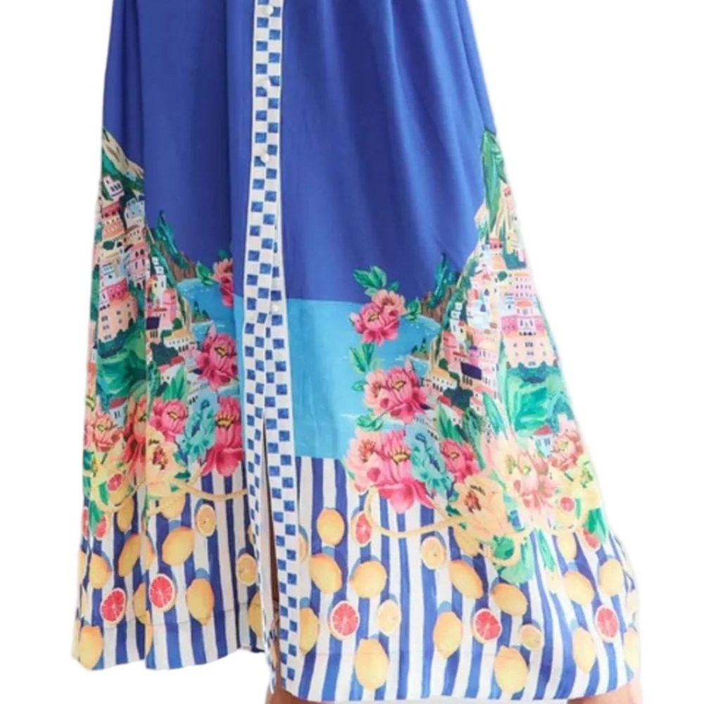 Garden Floral Button-Up Mock Neck Puff Sleeve Wide Belt Slit Front Maxi Dress - Picture 13 of 16